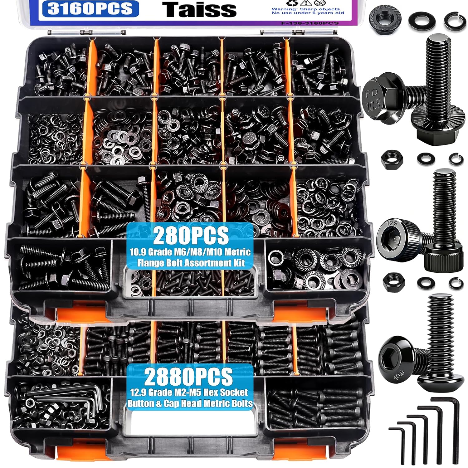 TAISS 3160PCS Metric Flange Bolt & Nuts Assortment Kit - 42 Sizes M2-M10 Hex Socket Button Cap Head Screws 10.9 Grade Black Zinc Toolbox