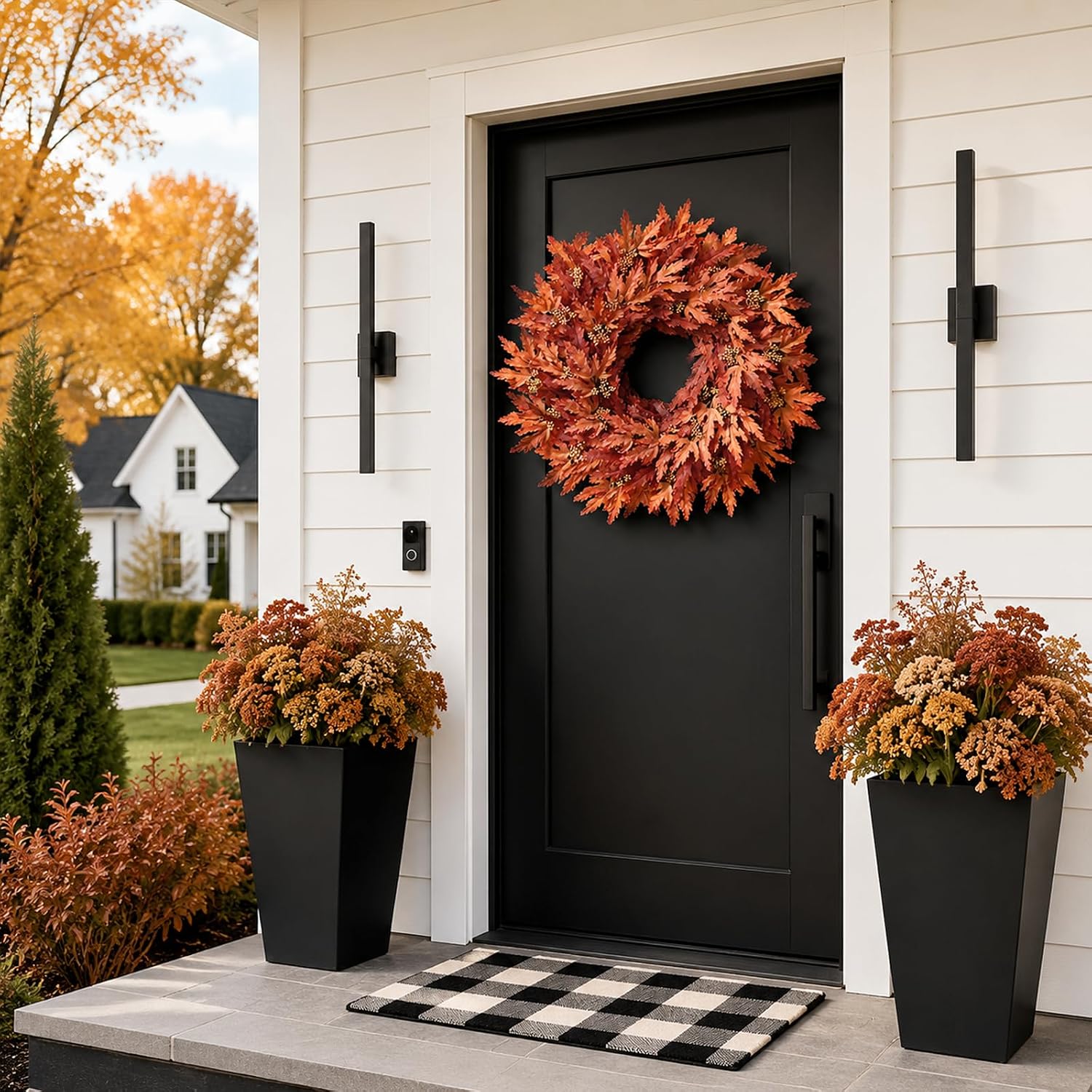 26" Artificial Fall Maple Leaves Wreath for Front Door Decoration (Orange) | Fake Maple Leaves with Seeds Wreath, Faux Autumn Outdoor Wreath, for Front Porch Farmhouse Window Fireplace Wall Home Decor