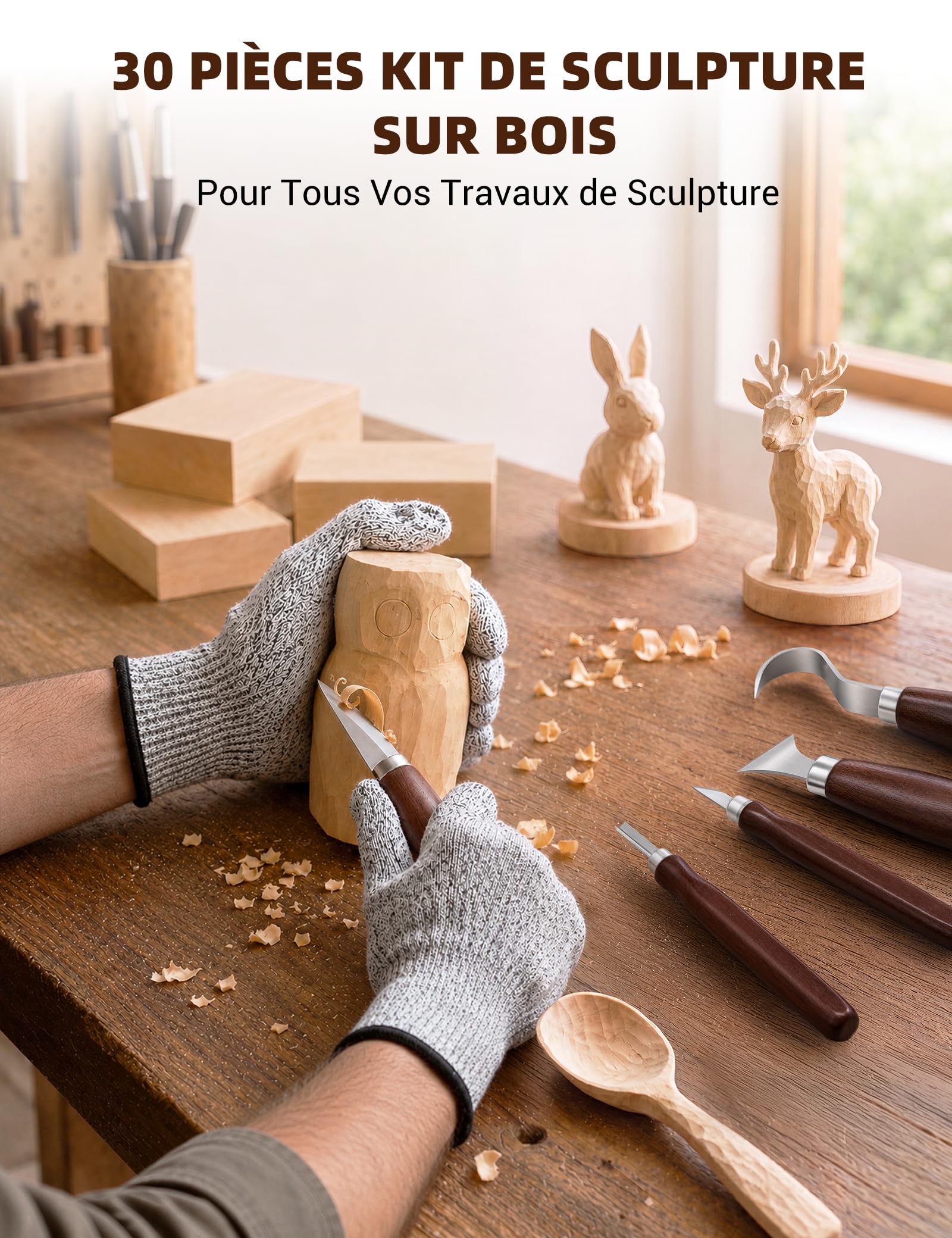 30 en 1 Kit Sculpture Bois, Outils de Sculpture avec Couteaux Sculpture Bois, Blocs à Sculpter, Pierre à Aiguiser, Pâte à Polir, Gants Anti-Coupure, Étui en Cuir, pour Débutants, DIY, Whittling