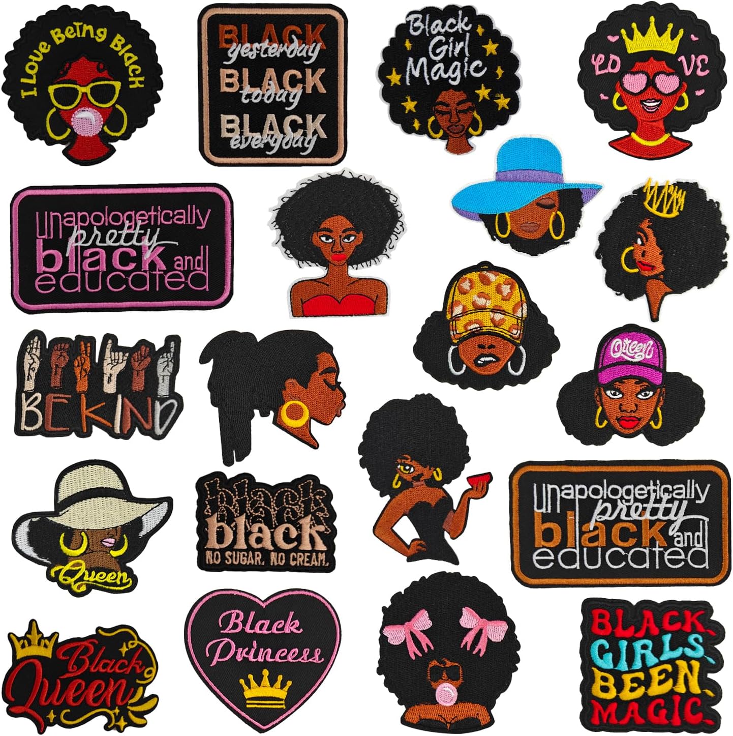 20Pcs Black Girl Iron on Patches, Black Girl Magic Patches Embroidered Applique Patches for Shirts, Hats, Jeans, Jackets, Bags, Dress