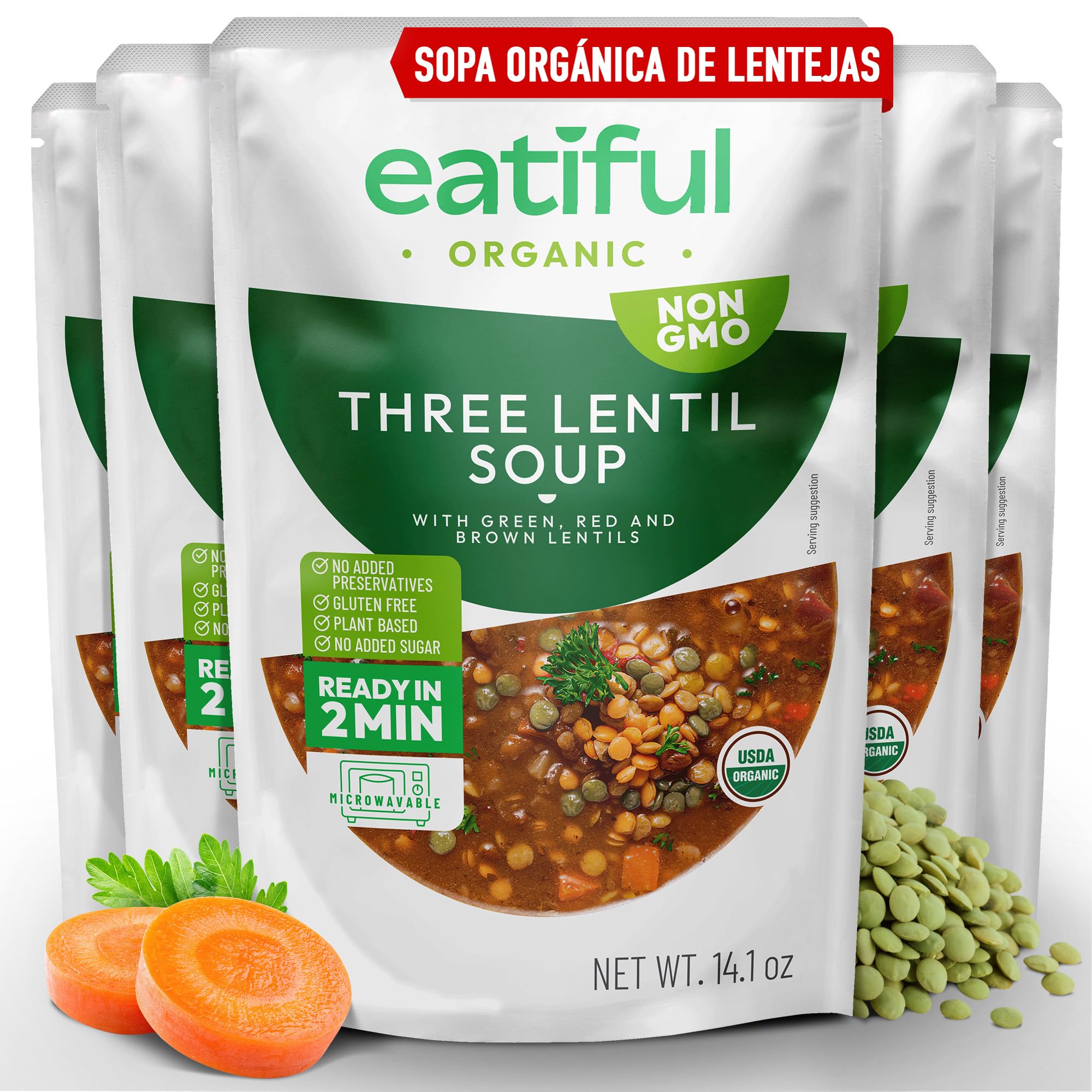 EATIFUL Sopa de Lentejas, Elaborada con Verduras Orgánicas, Sopa con Lentejas Verdes, Rojas y Marrones, Sin Conservantes ni Azúcares Añadidos, Sin Gluten, NO GMO, 400g (Paquete de 5)
