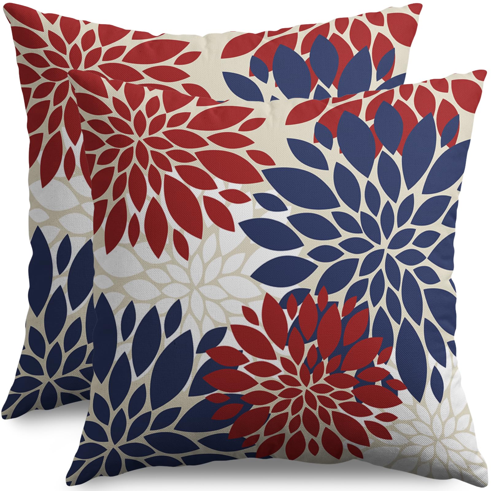 4th of July Blue Red White Pillow Covers 18X18 Inch Set of 2, Modern Geometry Dahlia Floral Print Holiday Decorative Throw Pillow Covers Outdoor