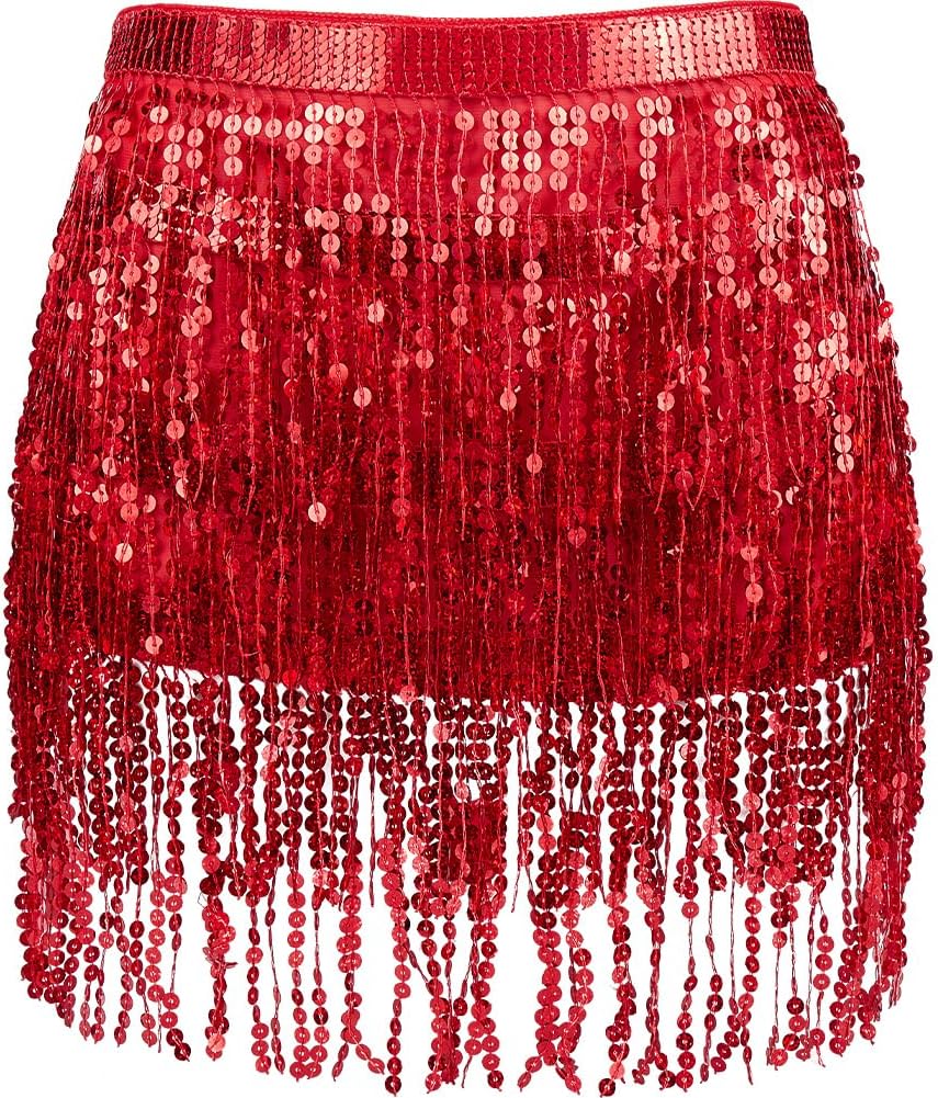 GORGECRAFT Sequin Belly Dance Hip Scarf Tassel Skirt Wrap Fringe Skirt Red Sparkly Rave Costume for Women Mardi Gras Yoga Belly Dancing Festival Clothing Halloween Party 91.34inch/232cm