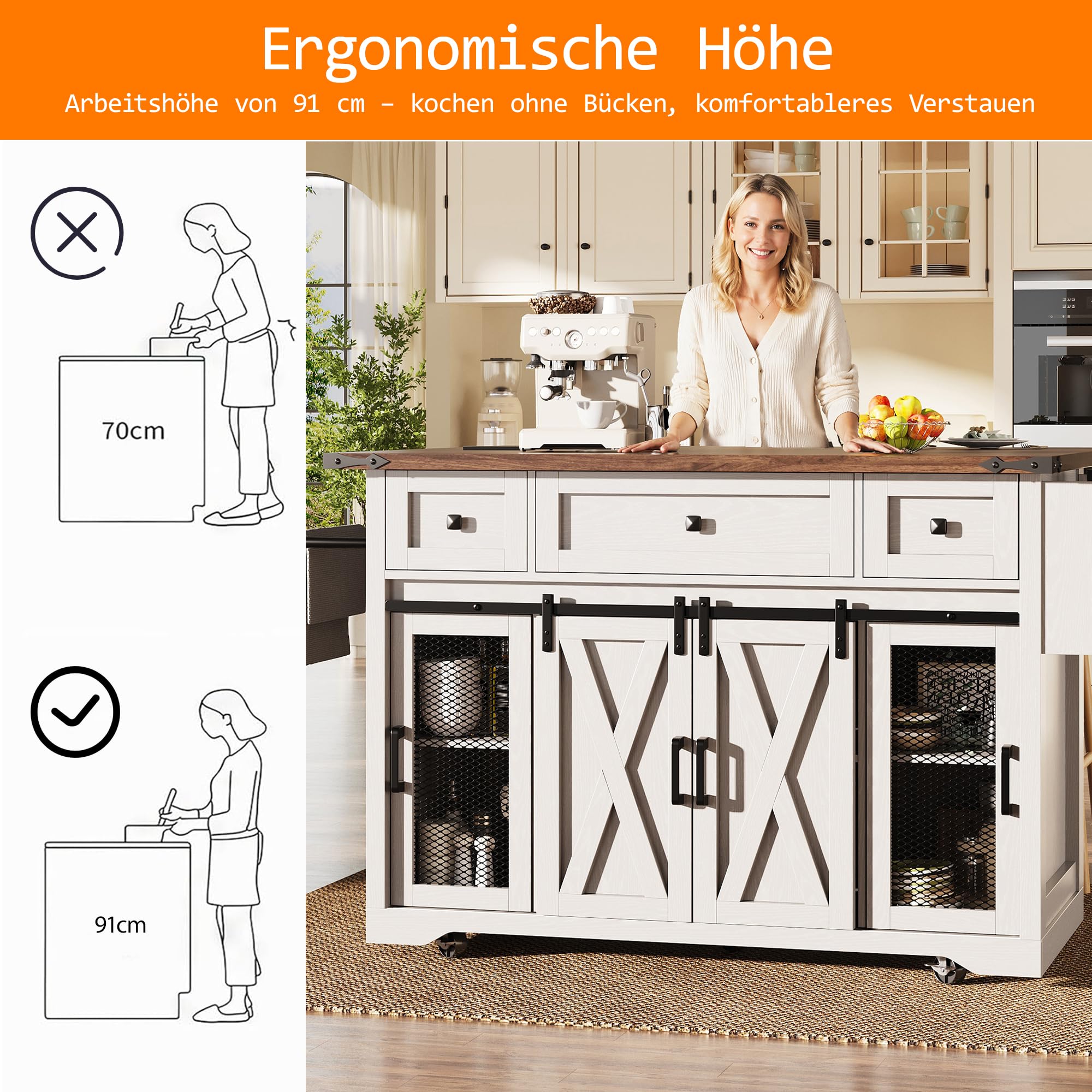 Küchenwagen, Kücheninsel mit Klappbarer Arbeitsplatte, Speisewagen Küchenschrank mit Rollen & Verstellbaren Einlegeböden, Buffetschrank mit Schubladen & Schiebetüren, Weiß, 120.2x45.3x91.5cm