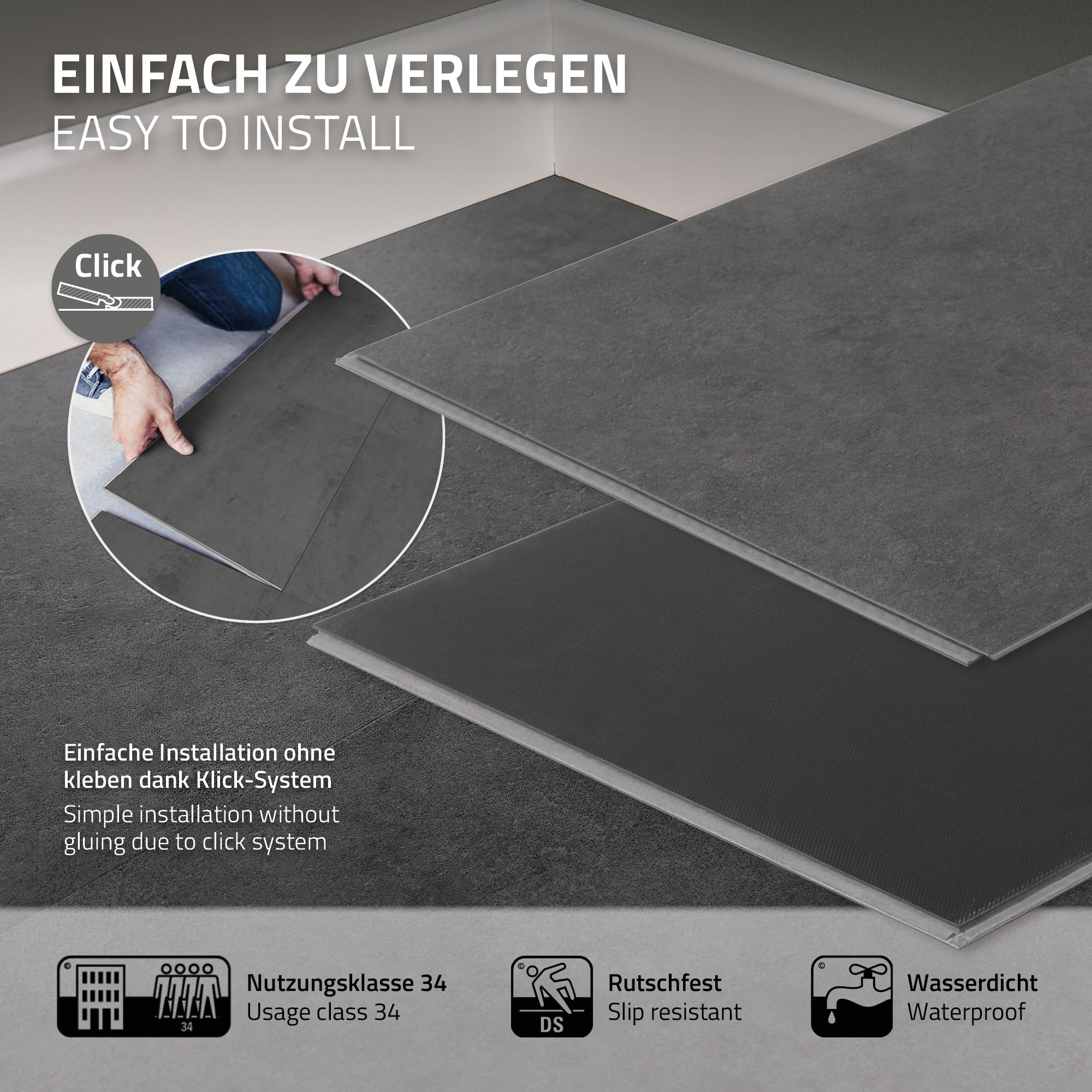 ML-Design Suelo Vinilico con Sistema de Encaje Click PVC, 20 Losetas de Vinilo, Baldosas Aspecto de Cemento Gris Oscuro, Parquet Antideslizante, Impermeable, 61 cm x 30,5 cm, Grosor de 4,2 mm, 3,72 m²