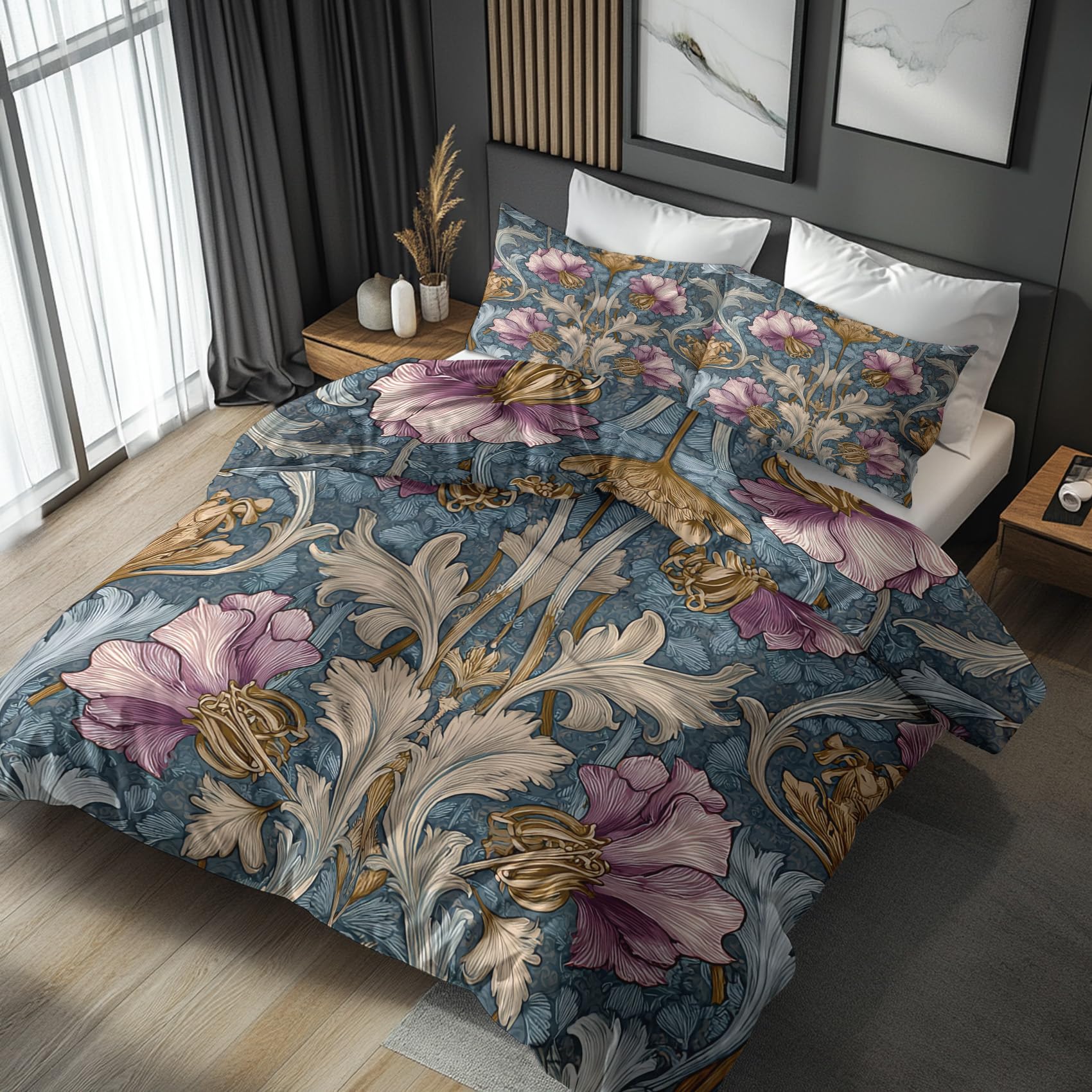 Super King Duvet Cover Set Morris Style Floral, Reversible Super King Bedding Set Purple Flower Leaf Pattern for Bedroom Decor, Soft Microfibre Quilt Cover, 2 Pillowcases, Zip SAE96