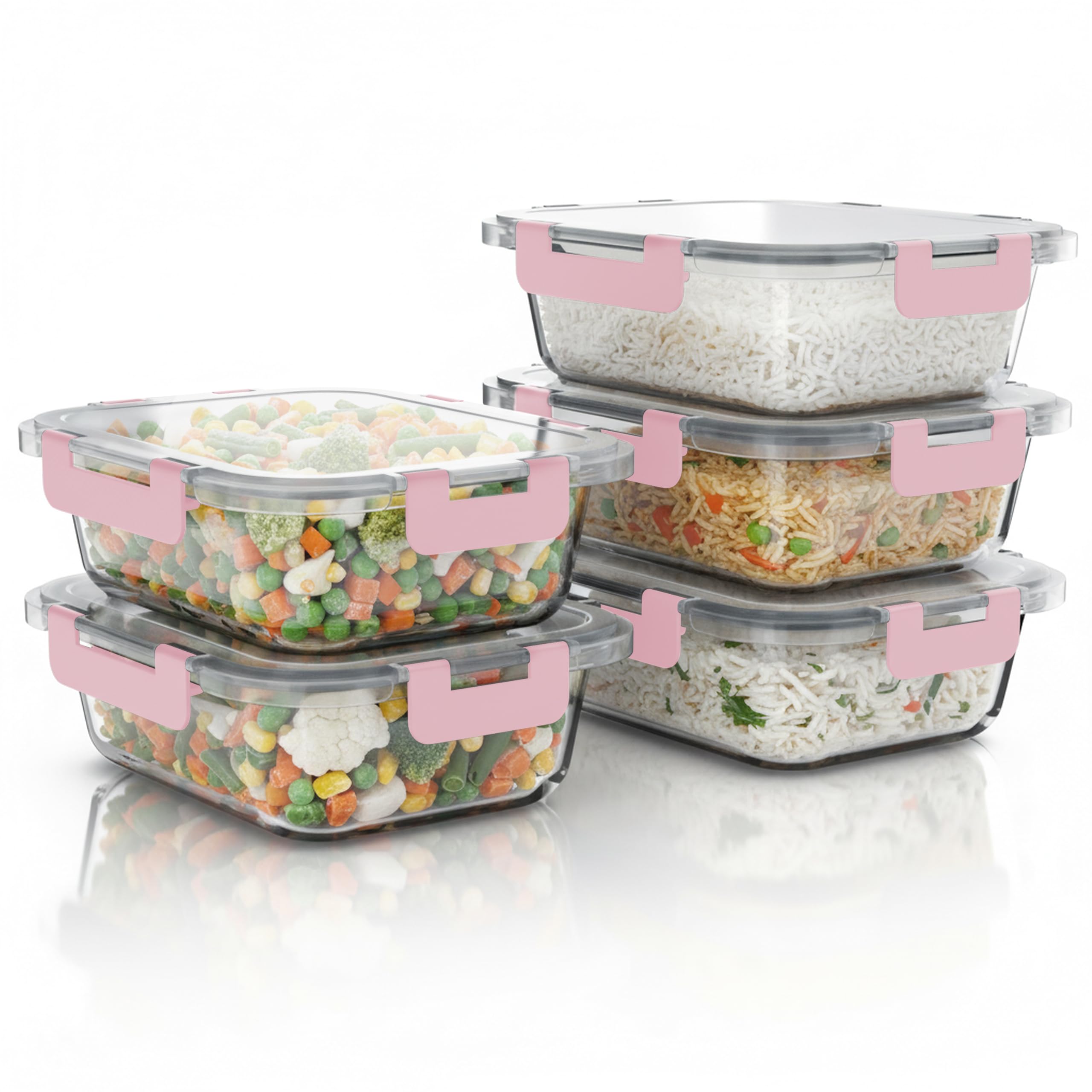 Arendo - Lunchboxen Glas - Frischhaltedosen für Lebensmittel mit Deckel luftdicht - 5er Set - 1000 ml - für Mikrowelle Ofen Gefrierschrank - Spülmaschinen geeignet - Vorratsdosen Meal Prep