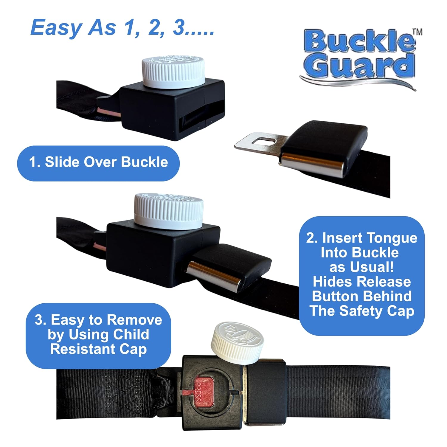 Seat Belt Button Cover (2-Pk) Deters Children & Disabled Adults from Unbuckling Seatbelt Buckles in Buses & Commercial Vans, No "Key" Needed to Open Device, for 2-Point Lap Belts (Black)