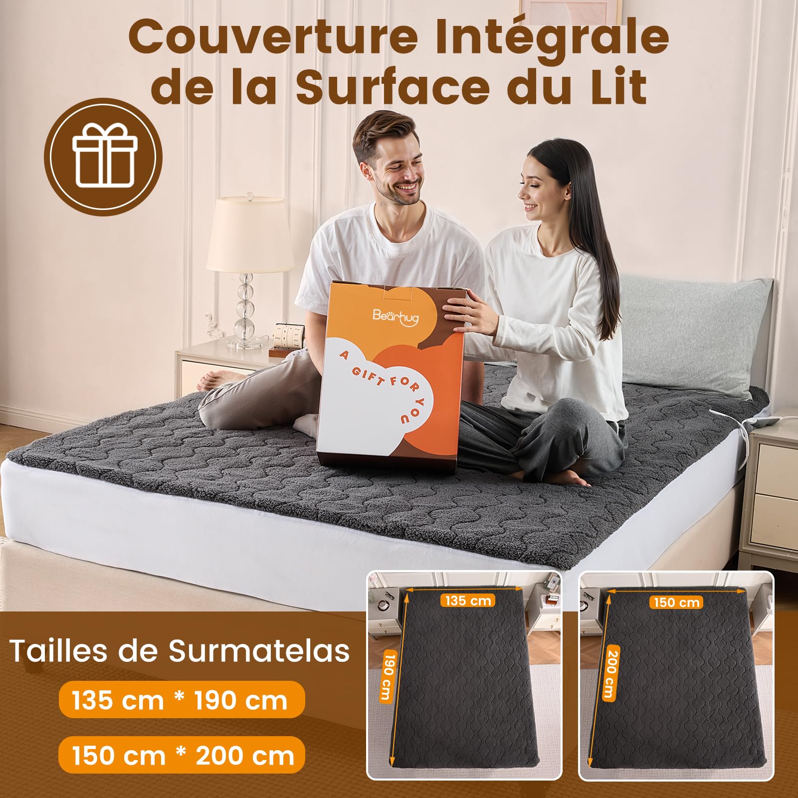 Bearhug Coprimaterasso elettrico 150 x 200 cm, grigio scuro, 200 g/m², 10 livelli di riscaldamento, doppia zona, timer da 12 ore, cavo da 5,8 m, per materassi fino a 45 cm, lavabile, certificato CE