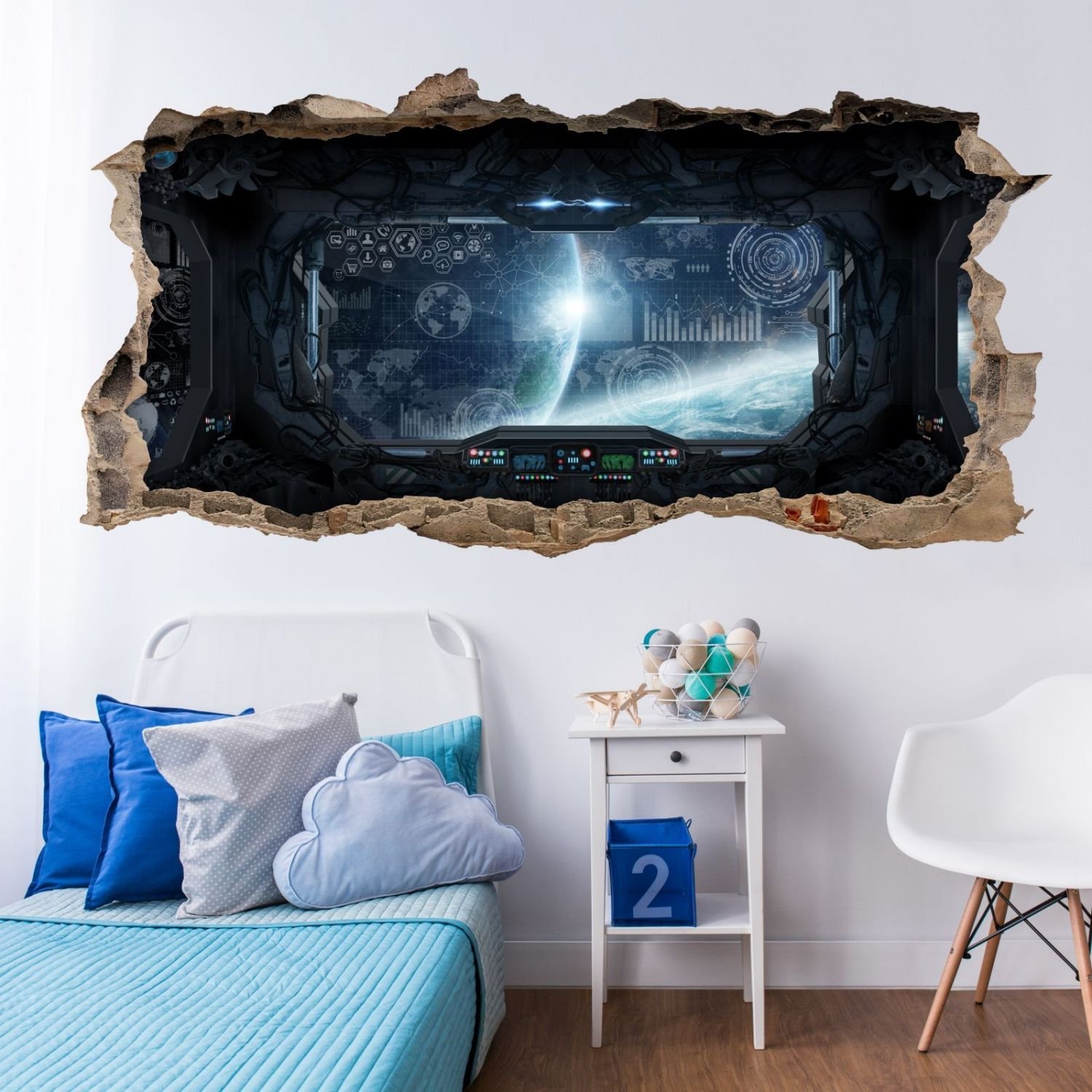 nikima 058 - Adesivo da parete con nave spaziale – Foro nella parete – cameretta dei bambini adolescenti stazione spaziale – in 6 misure – Adesivo da parete per cameretta bambini dimensioni 1750 x