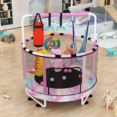 Miniatura 9 de Lamerge Kids Trampoline, Toddler Bouncing Trampoline with Safety Enclosure Net, ASTM-Approved, 500lbs Capacity, Ages 1-8, Adjustable Handrail,