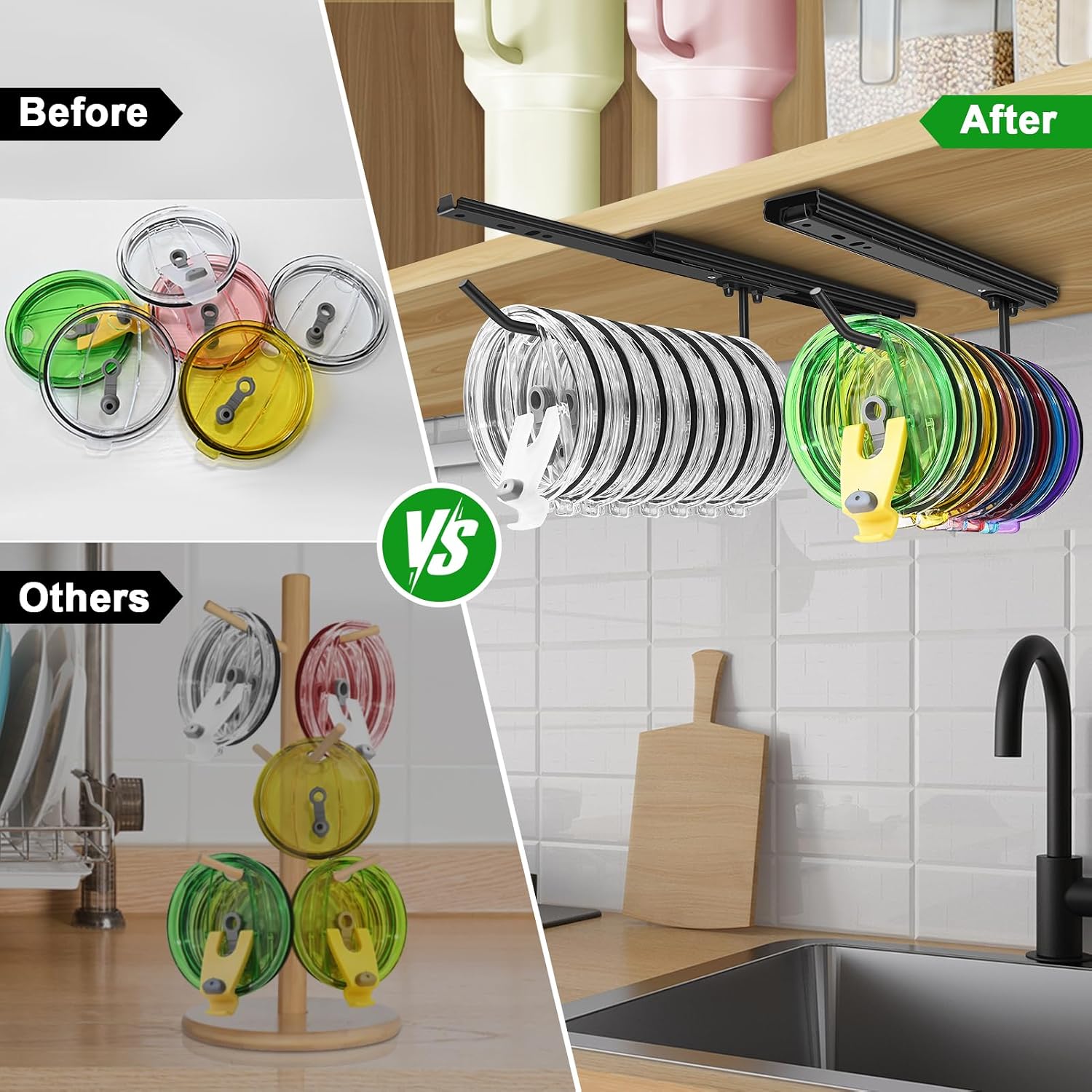 2 Packs Telescoping Slides Tumbler Lid Organizer Inside Cabinet, Muti Kitchen Hanger for Cup Lid Holder, Drilling Installation for Kitchen Storage Cup Lid Storage Organizer Black