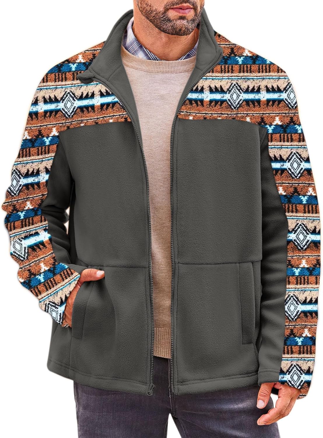 Beotyshow Mens Soft Polar Fleece Jacket Zip Up Printed Coat Casual Tribal Aztec Midweight Winter Outfits