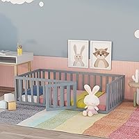 Vista 1 de Merax Marco de cama de piso de madera de tamaño individual con valla y puerta (gris)