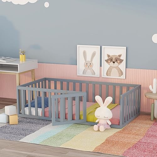 Merax Marco de cama de piso de madera de tamaño individual con valla y puerta (gris)