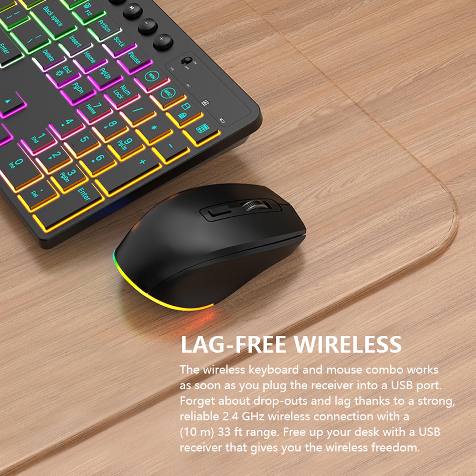 Tosuny Clavier et Combo de Souris sans Fil, 2,4 G de Touches RVB 115 avec pavé Numérique, Support de Tablette de Téléphone, Rechargeable, 6 Touches 3 - Souris DPI pour PC/Tablette