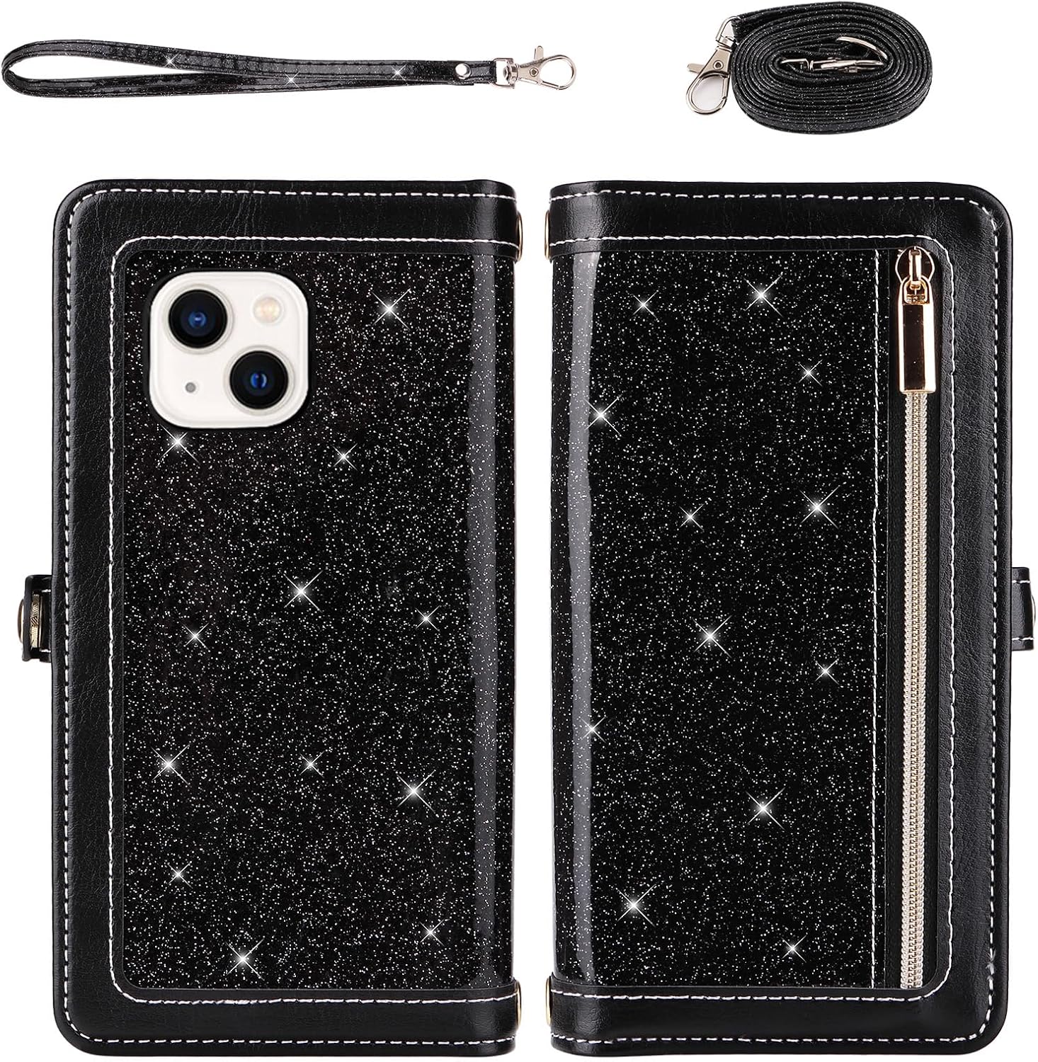 Asuwish Phone Case for iPhone 13 6.1 inch Zipper Wallet Detachable Cell Cover with Screen Protector Strap Bling Glitter Flip Card Holder iPhone13 5G i i-Phone i13 iPhone13case Women Men Girls Black