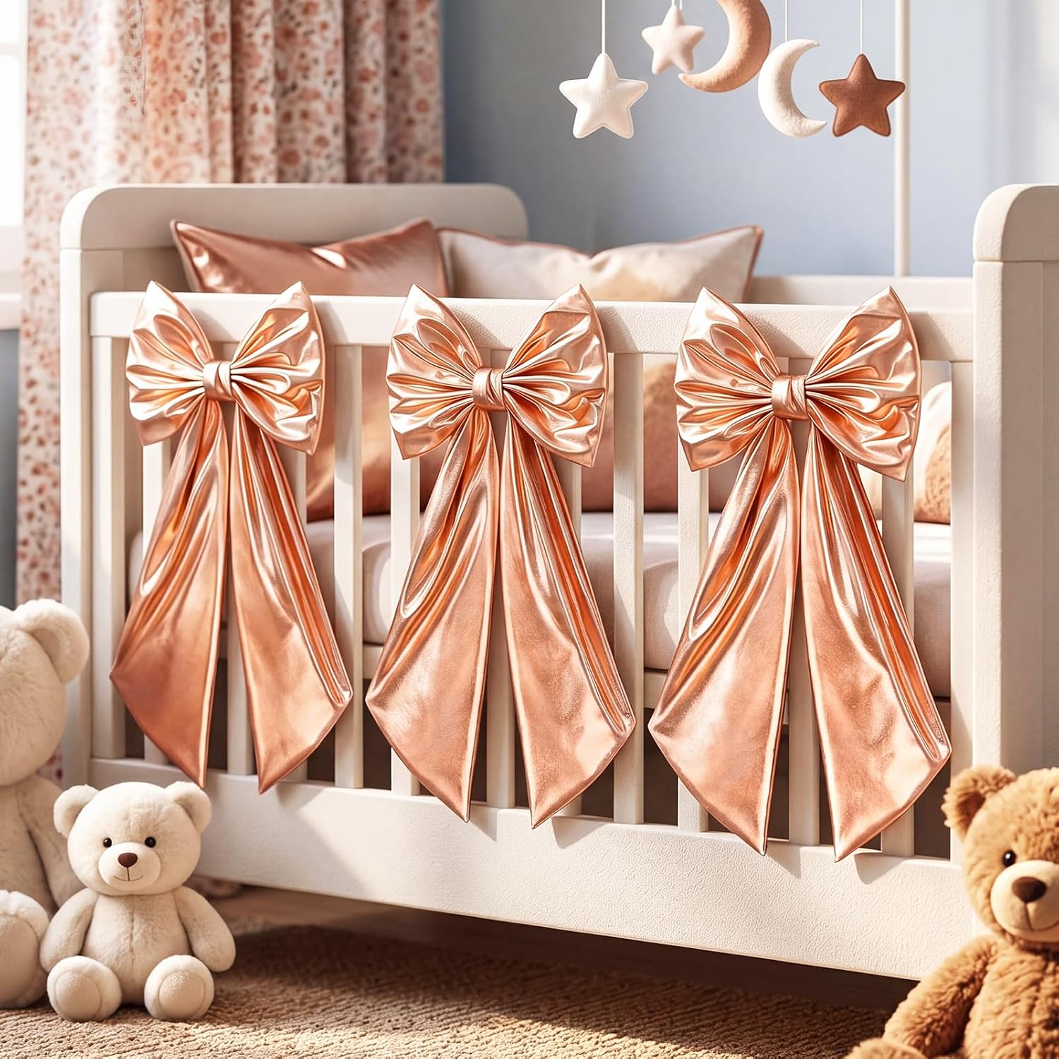Suncalla 3 Pcs Large Metallic Fabric Bows - 24 x 12 Inch Luxury Glitter Bow Large Rose Gold Bows Decor for Crib Skirt Nursery Bedding Wedding Coquette Birthday Backdrop Bridal Shower Party Supplies image 4