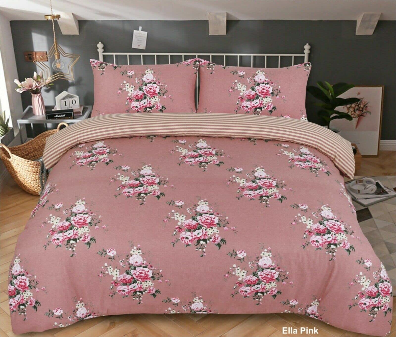 Northern Luxe Pink Flowers Printed Double Duvet Cover Set - Thermal Flannelette Brushed Cotton - Ella Pink Bedding Set with Pillowcases - Warm, Cosy, Comfortable & Soft Bed Quilt Cover Set