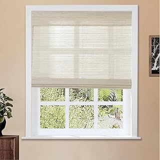 TWOPAGES Customized Cordless No Drill Roman Shade Light Filtering UV Protection Ramie Shade Roman Blind for Sliding Doors, Indoor Roman Window Shade, 1 Piece, Wall White - Buy now