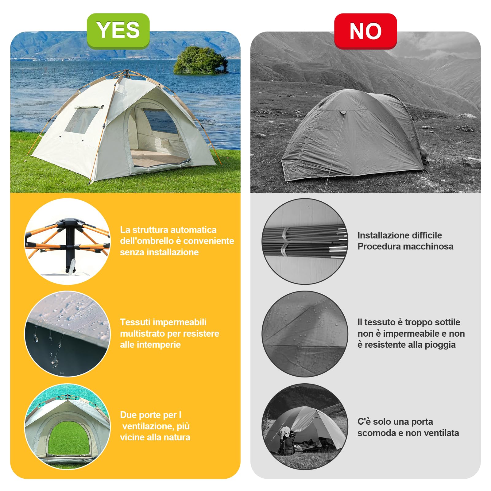 Tenda Campeggio 2-4 Posti Con Cuscinetto Antiumidità,Tenda da Campeggio,Tenda Pop Up,Ultraleggero, Protetto Dai Raggi UV, Impermeabile, Isolante, per lo Zaino in Spalla, Escursionismo e Altro Ancora
