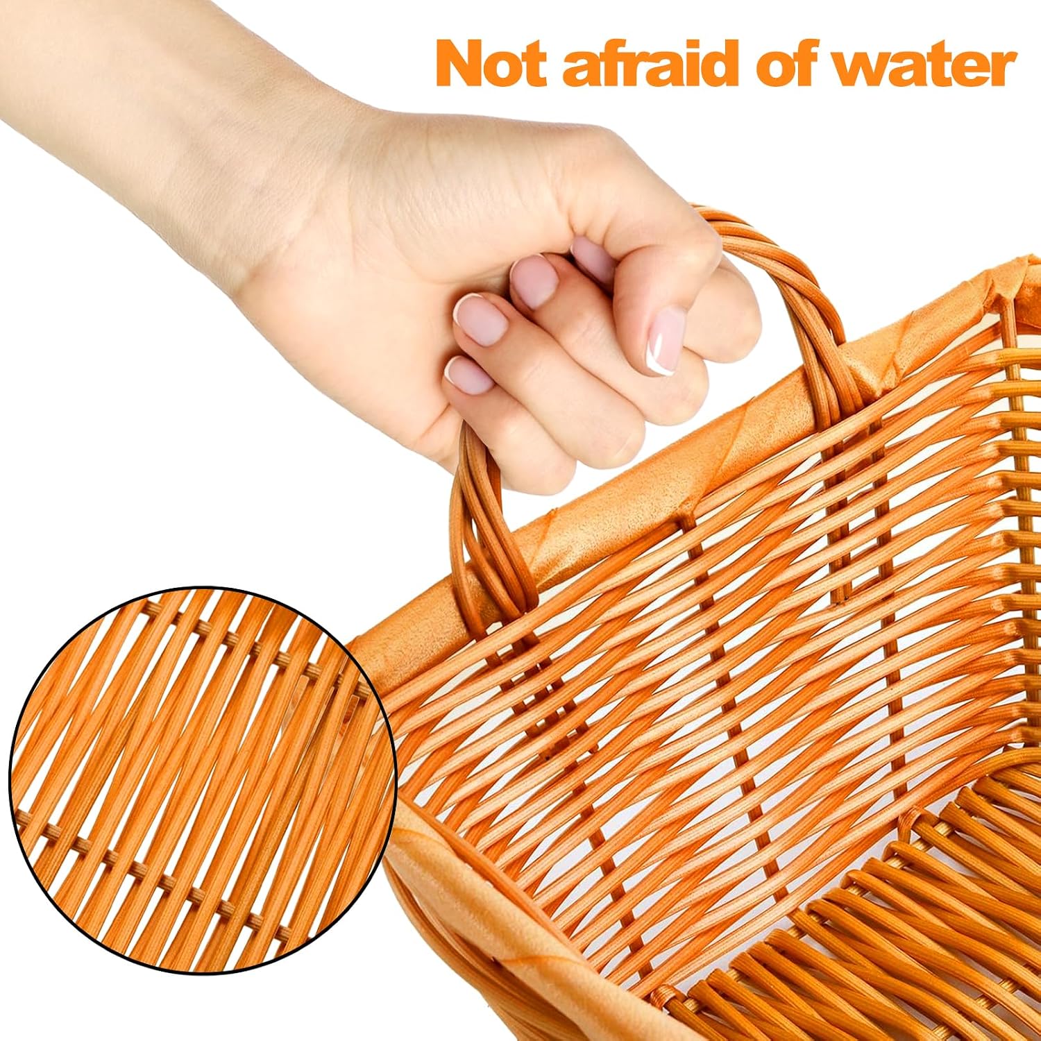 Yesland 6 Pcs Poly Wicker Bread Basket with Handle, 14 Inch Rectangular Imitation Rattan Fruit Storage Baskets - Stackable Empty Gift Basket for Vegetables, Food Serving, Display, Outdoor, Orange image 4