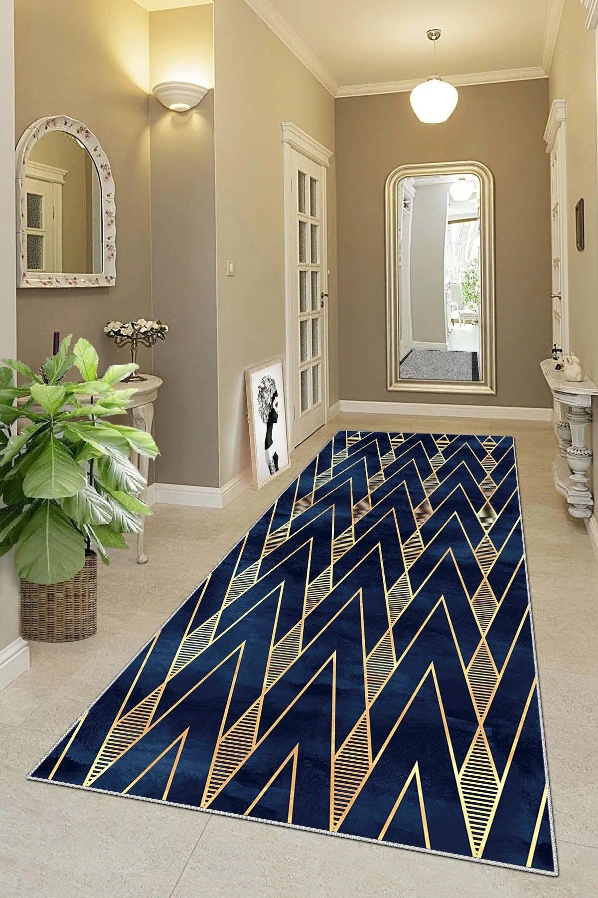 Pelangi Gold Geometrik Zigzag Çizgili Üçgen Desenli Dijital Baskı Yıkanabilir Modern Salon Halı ve Yolluk, Lacivert-Kahve 40 x 40, 955455440407