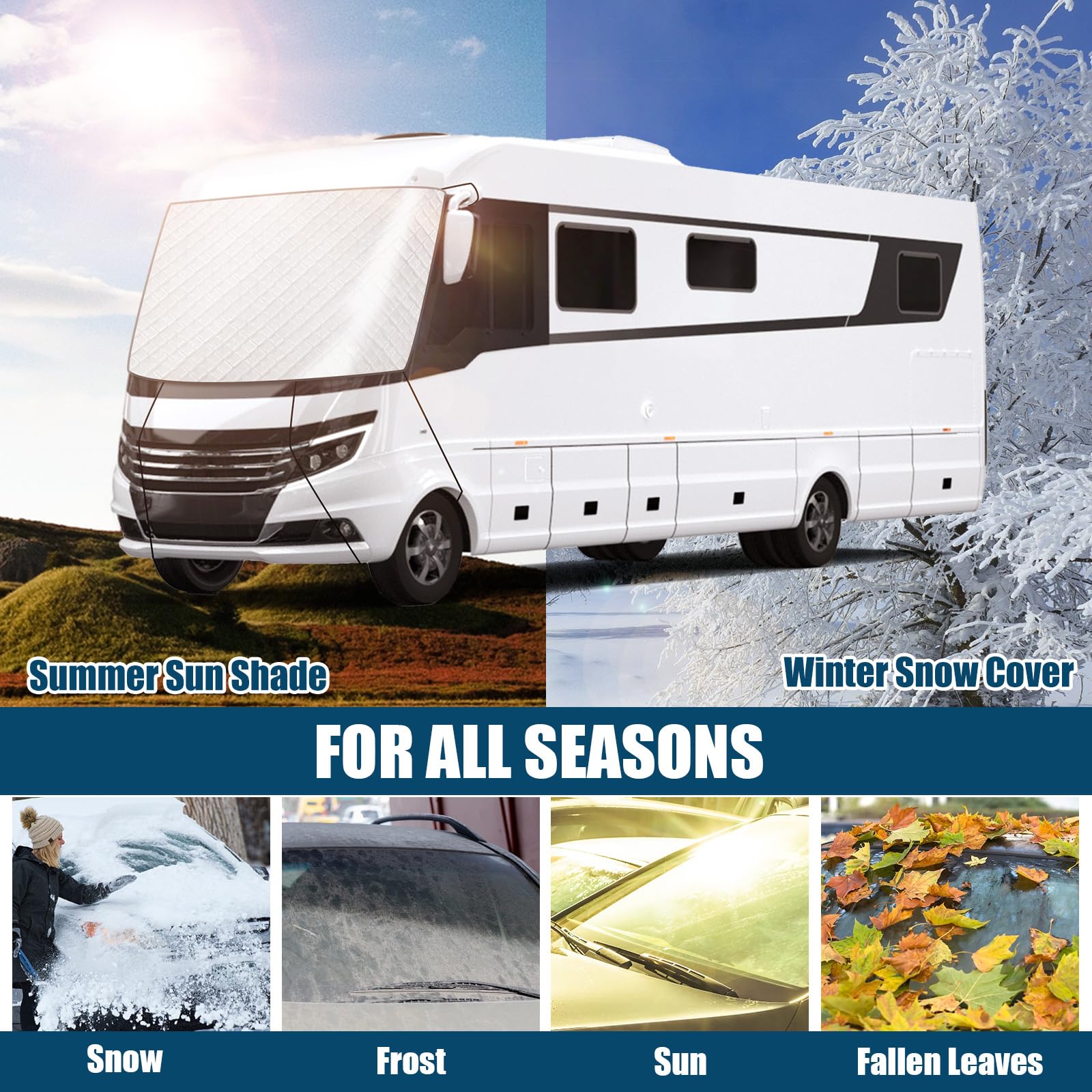 Auto Windschutzscheiben Abdeckung für Integrierte Wohnmobile, Frontscheibe Wrap Cover Wasserdichtes für A-Class, Frontscheibenabdeckung Reisemobil, Schnee EIS Frost Staub Sonne, Silber
