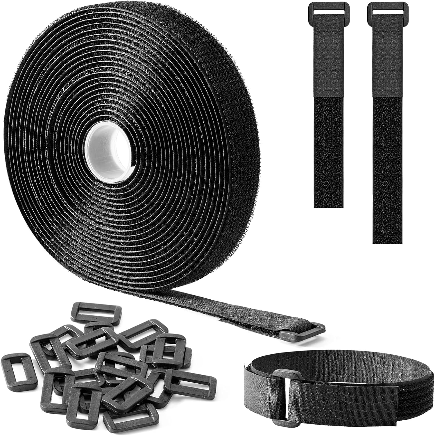 Trilancer 0.8''x 16Ft Reusable Cable Ties, Adjustable Hook and Loop Straps with 25 Buckles, Cut to Length, Ideal for Wire Management, Cord Organizer, and Cable Straps, Black