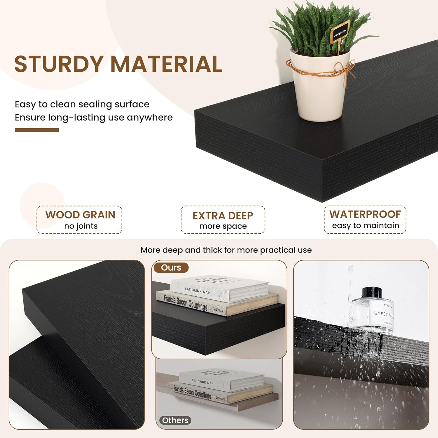 Axeman 36Inch Floating Shelves for Wall, 2 Pack Shelves for Bedroom, Bathroom, Kitchen, Hanging Wall Mounted Rustic Wood Shelf with Invisible Brackets for Books Decor, Black