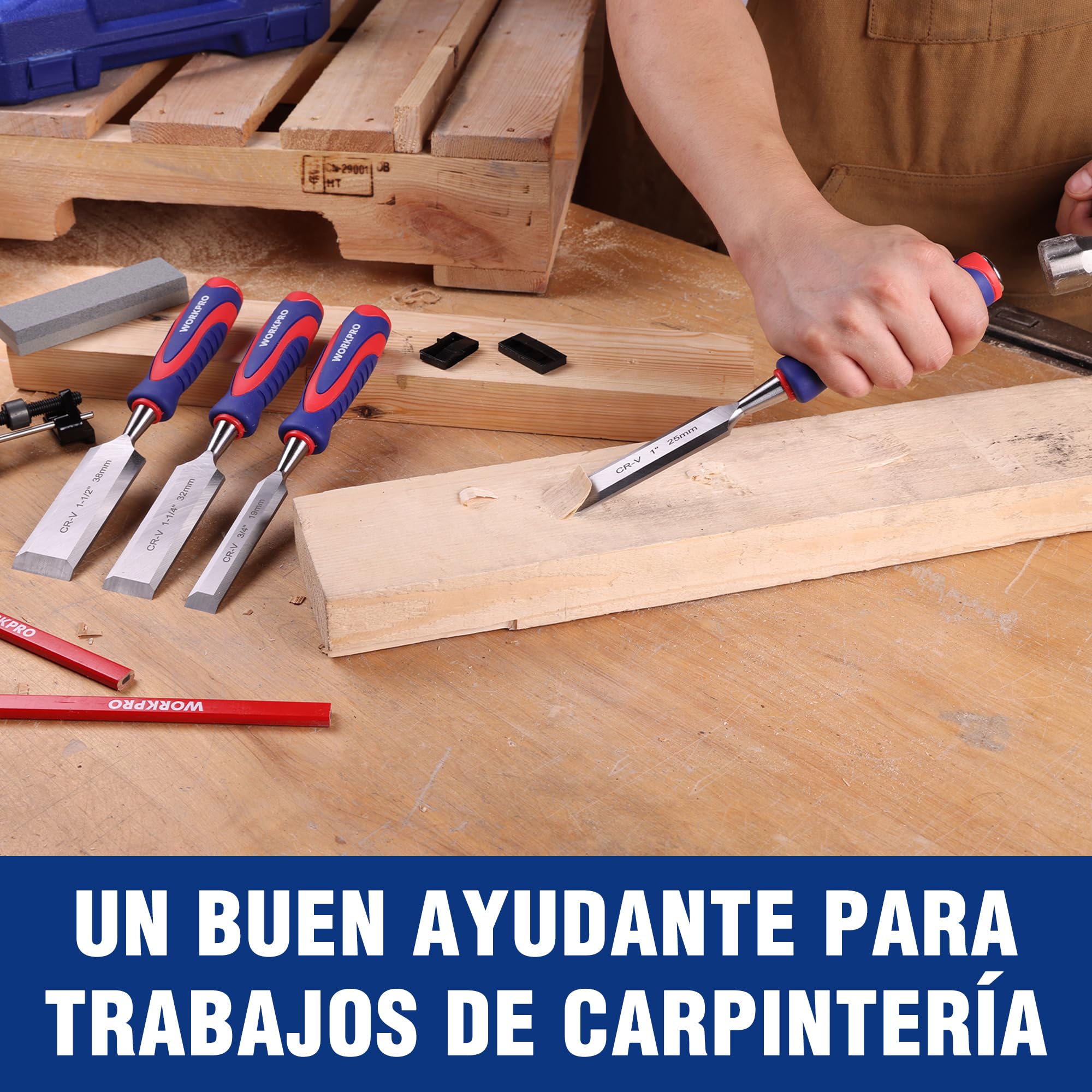WORKPRO Juego de 10 Cinceles de Madera Cr-V con Mango Antideslizante, Estuche Compacto, Lápices de Carpintero y Piedra de Afilar – 6 Tamaños (6-38mm) para Bricolaje y Carpintería