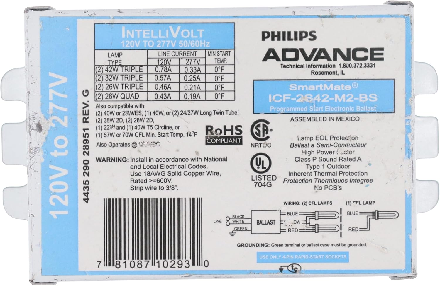 Advance ICF-2S42-M2-BS Compact Fluorescent Ballast, 120/277V, 42W Triple