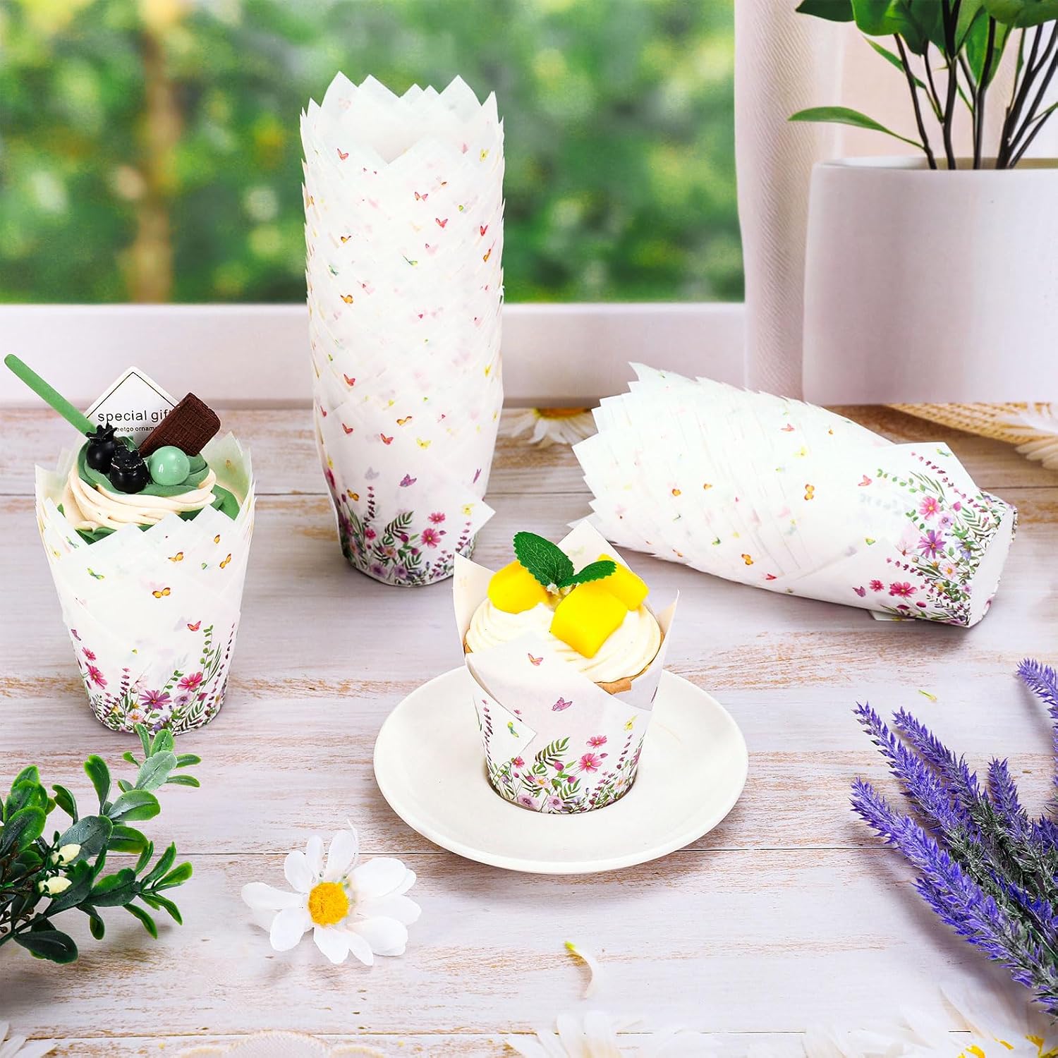 AnyDesign 200Pcs Wildflower Tulip Cupcake Liners Muffin Baking Cups Spring Floral Cupcake Wrappers for Wedding Bridal Baby Shower Holiday Party Supplies Table Decor