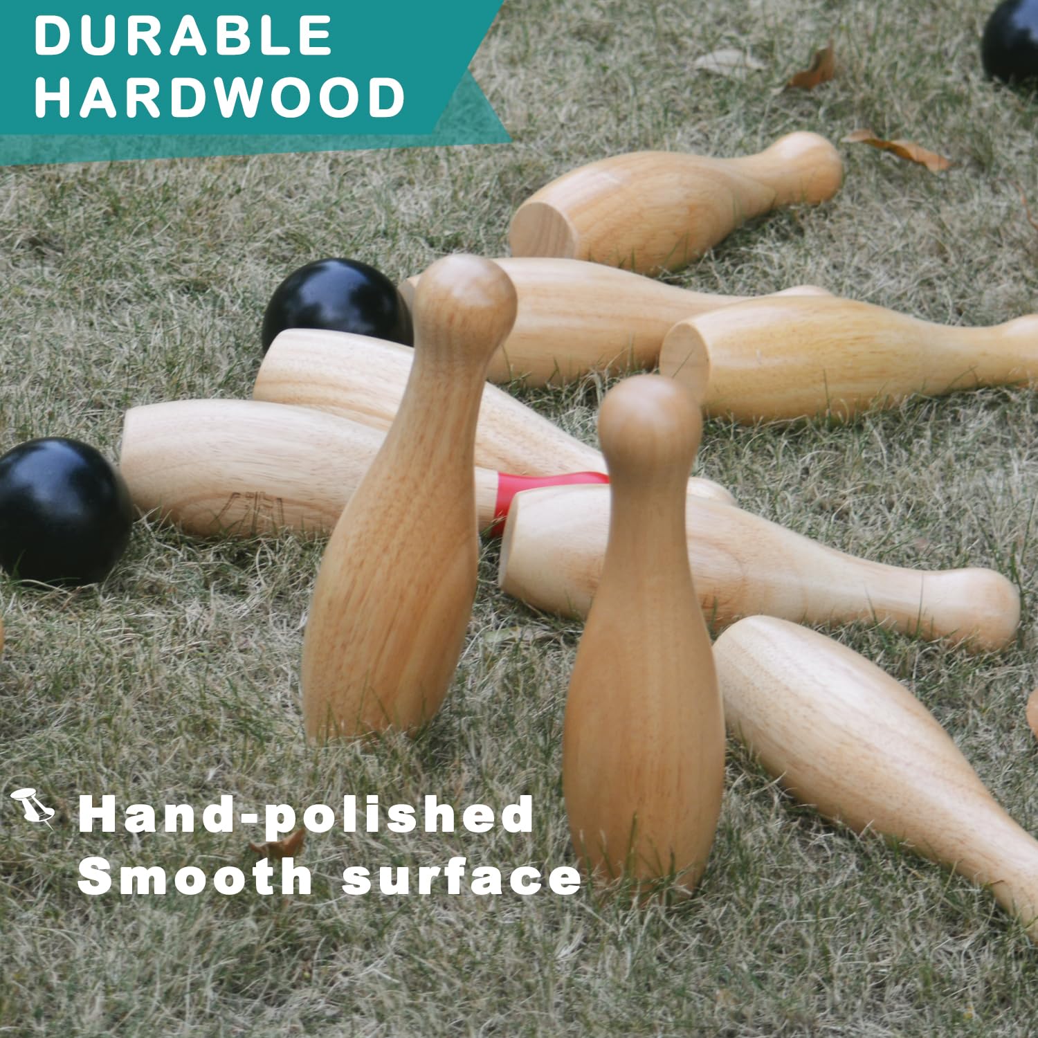 Gioco da bowling in legno, bottiglie da lancio all'aperto, gioco da prato per la famiglia, set da gioco con borsa per il trasporto (H 26 cm, 10 perni+3 palline)