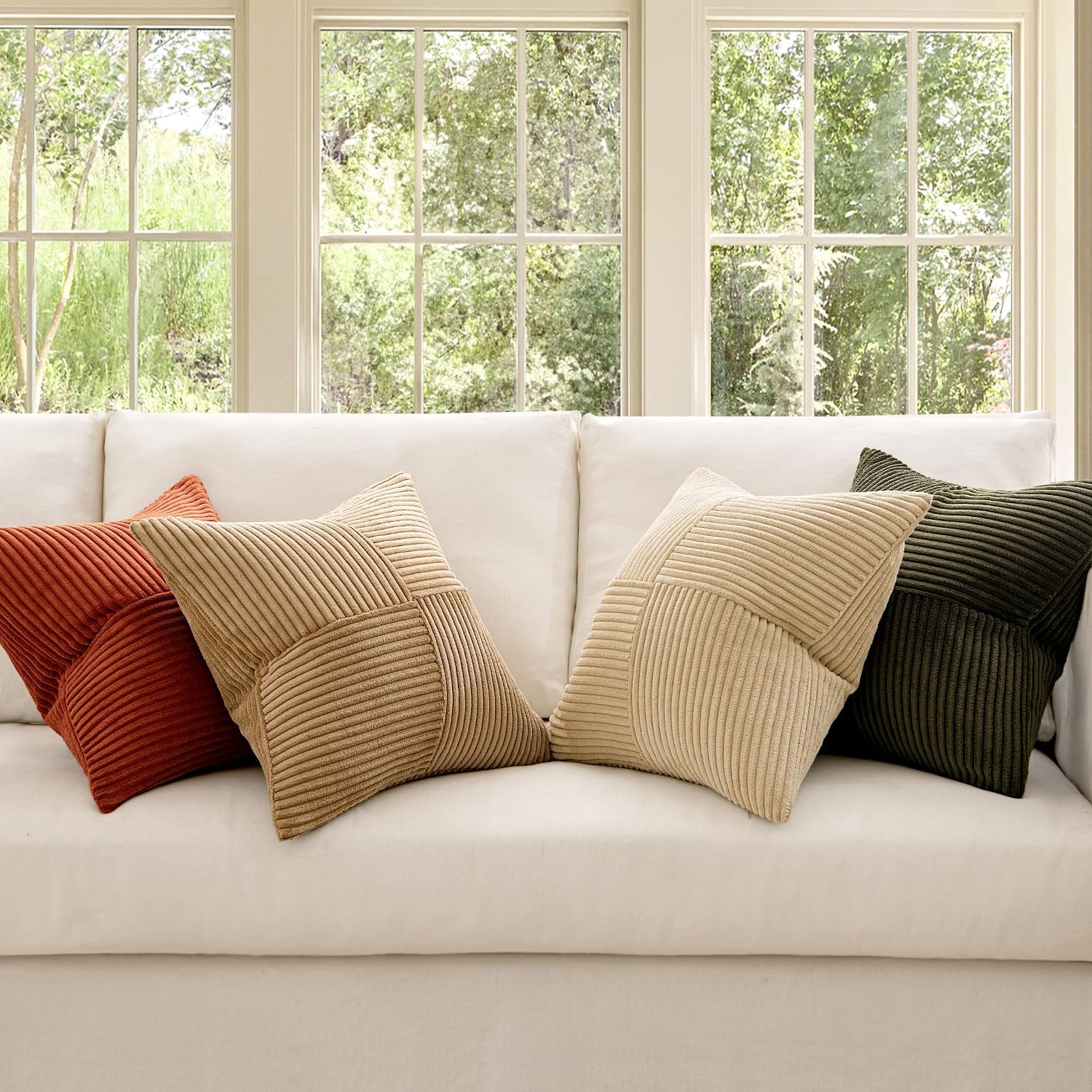 MIULEE Rust-Olive Green Decorative Throw Pillow Covers 20x20 Inch Set of 4 Boho Color-Clash Cushion Cases Farmhouse Pillow Cases Corduroy Striped Home Decor for Couch Sofa Living Room Bed - Image 2