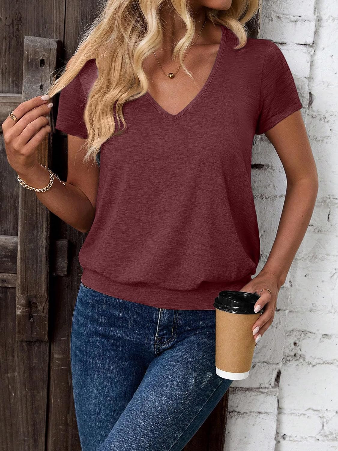 Short Sleeve Women T Shirts V Neck Tops Fashion Banded Bottom Tops Summer Spring Outfits Beach Vacation Clothes 2026 - Image 5