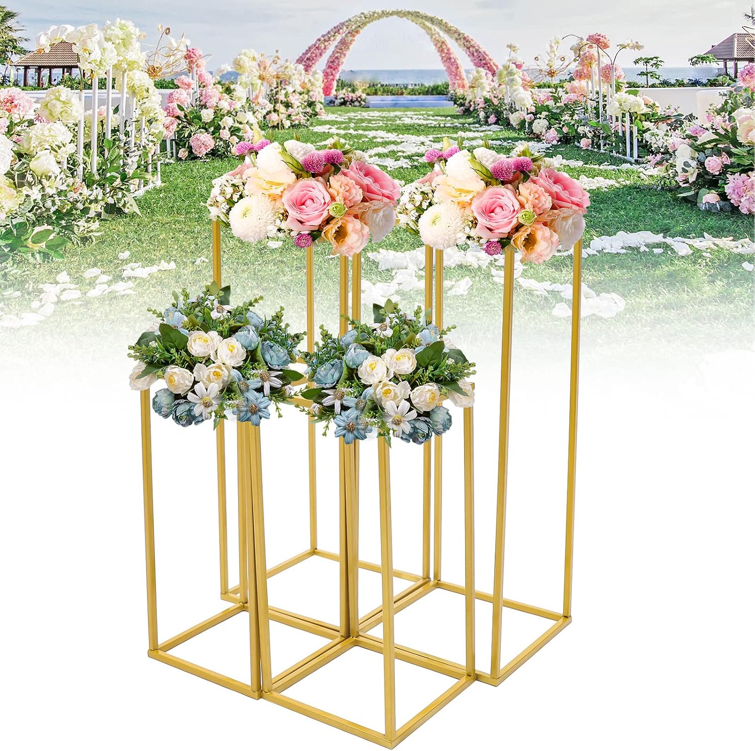 4pcs Flower Stand Gold Column, Flower Pedestal Wedding Party Decor, for Balcony, Bedroom, Living Room,Corridor, Office, Corridor Disk Rack,23.6x9.4x9.4 inch