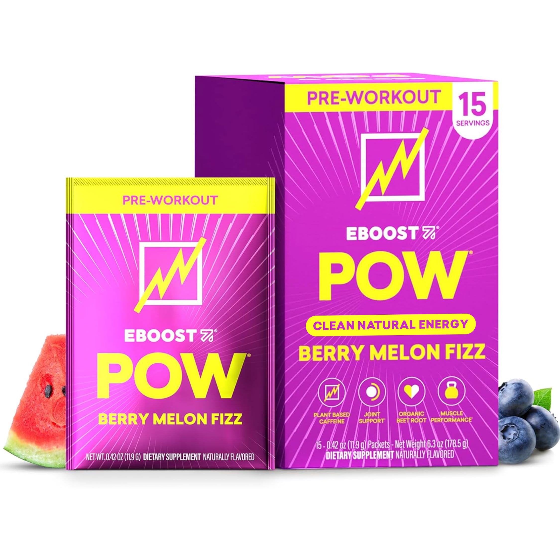 Natural Pow Pre Workout Powder Box 15 Servings Melon Berry Fizz