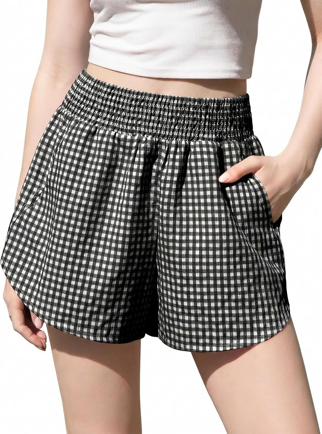 Girls Linen Gingham Checkered Shorts Kids Flowy Smocked High Waist Plaid Cute School Shorts with Pockets Teen