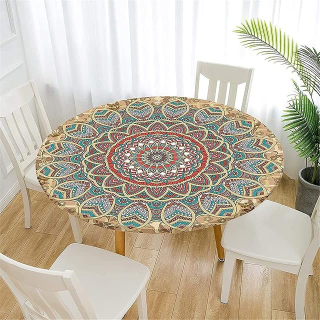 FANSU Round Tablecloth 90 cm, Round Table Cloth Wipe Clean Mandala Elastic Edged Waterproof Polyester Gold Green Table Cover for Outdoor Picnic Garden Kitchen