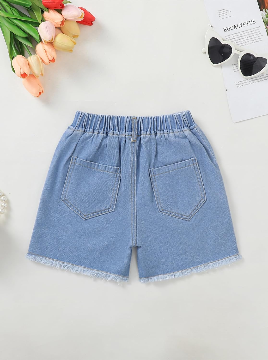Hilinker Girls Jean Shorts Graphic Raw Hem Elastic Waist Summer Cute Denim Shorts with Pockets - Image 4