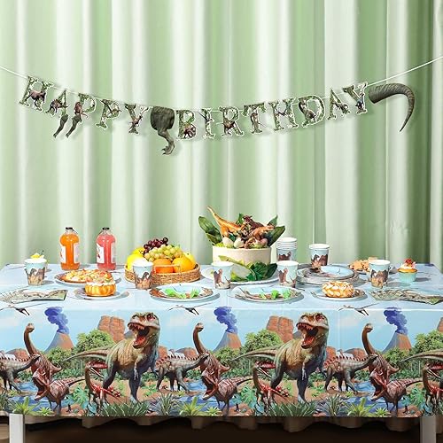 Miniatura 6 de 171 piezas de suministros de fiesta de dinosaurio jurásico feliz cumpleaños, decoración de fiesta de dinosaurio, mantel de mesa de cumpleaños,