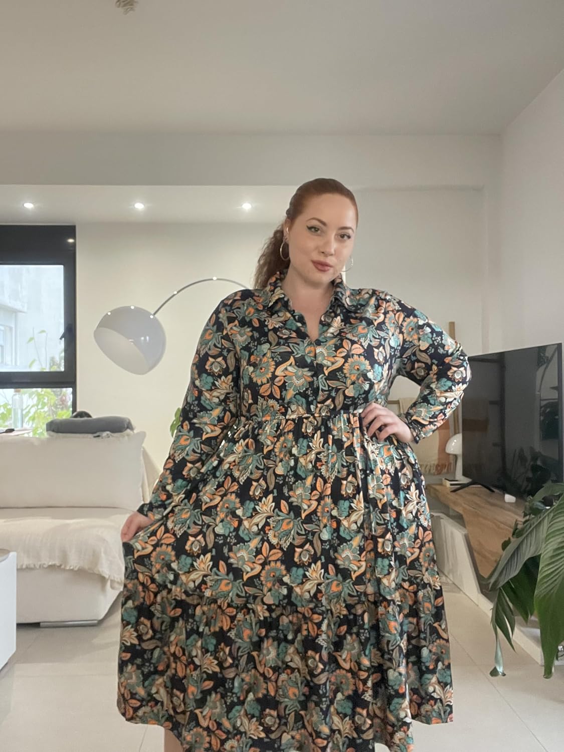 CARCOS Plus Size Dresses for Curvy Women Collared Vneck Long Sleeve Dresses Midi Fall Winter Dress with Pocket XL-5XL - Image 2