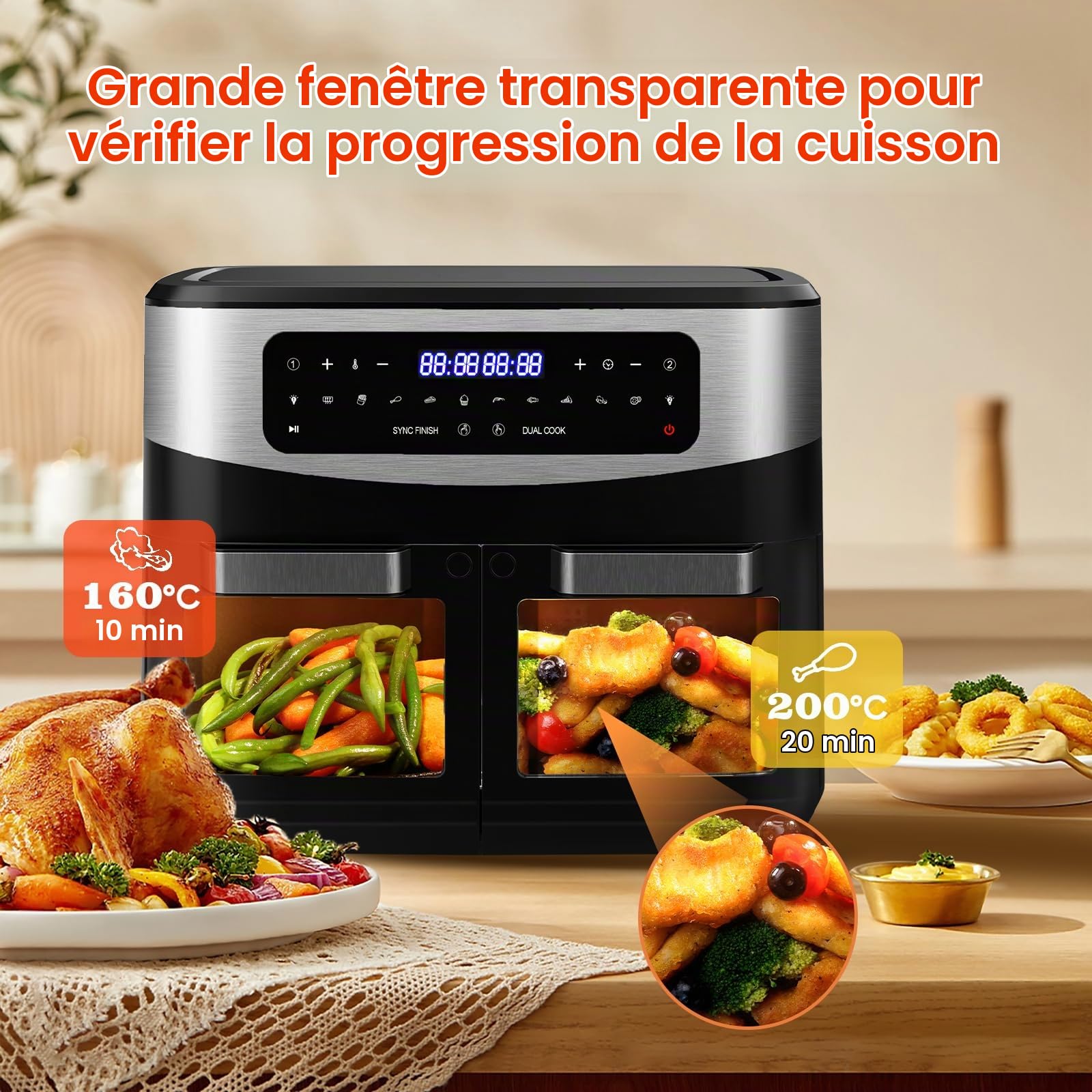 Air Fryer Dual Zone 12L - 2600W Friteuse à air chaud XXL avec séparateur amovible, double compartiment, 10 programmes, 2 fenêtres, 50–200°C, accessoires complets, recettes