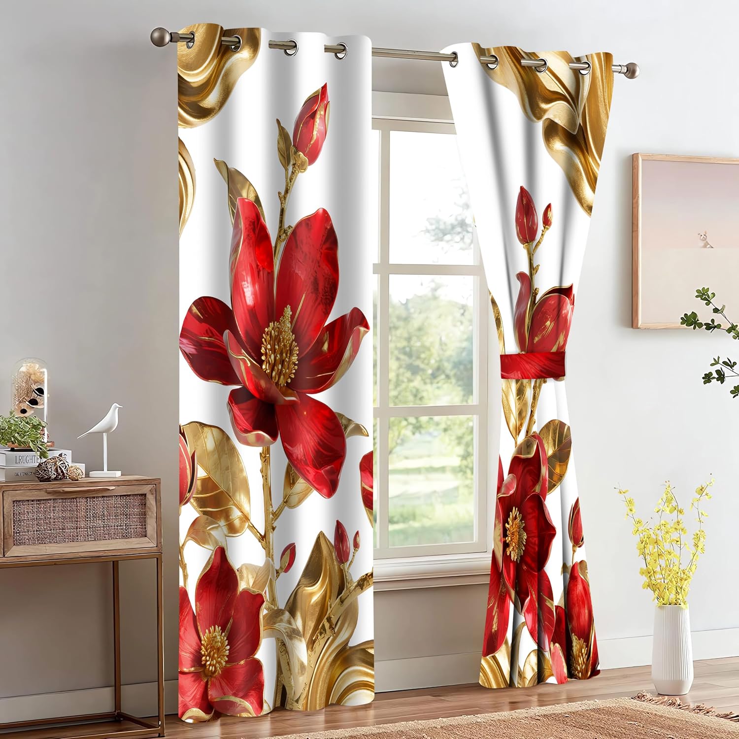 Magnolia Floral 3D Curtains Abstract Red Gold Flower Blackout Curtains Luxury Gilt Modern Art Design Printed Drapes for Women Bedroom Living Room 4284inch 2Panel HI033YL