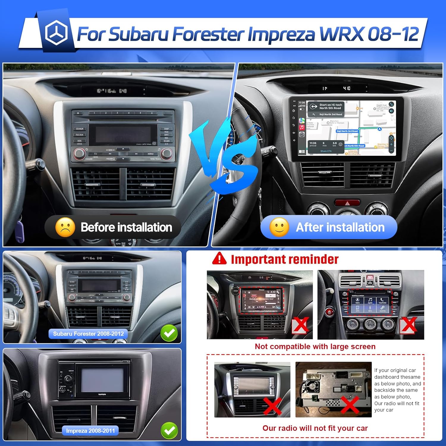 Before and After Installation of Leadfan Car Radio in Subaru Forester and Impreza, showing compatible and incompatible dashboard types.