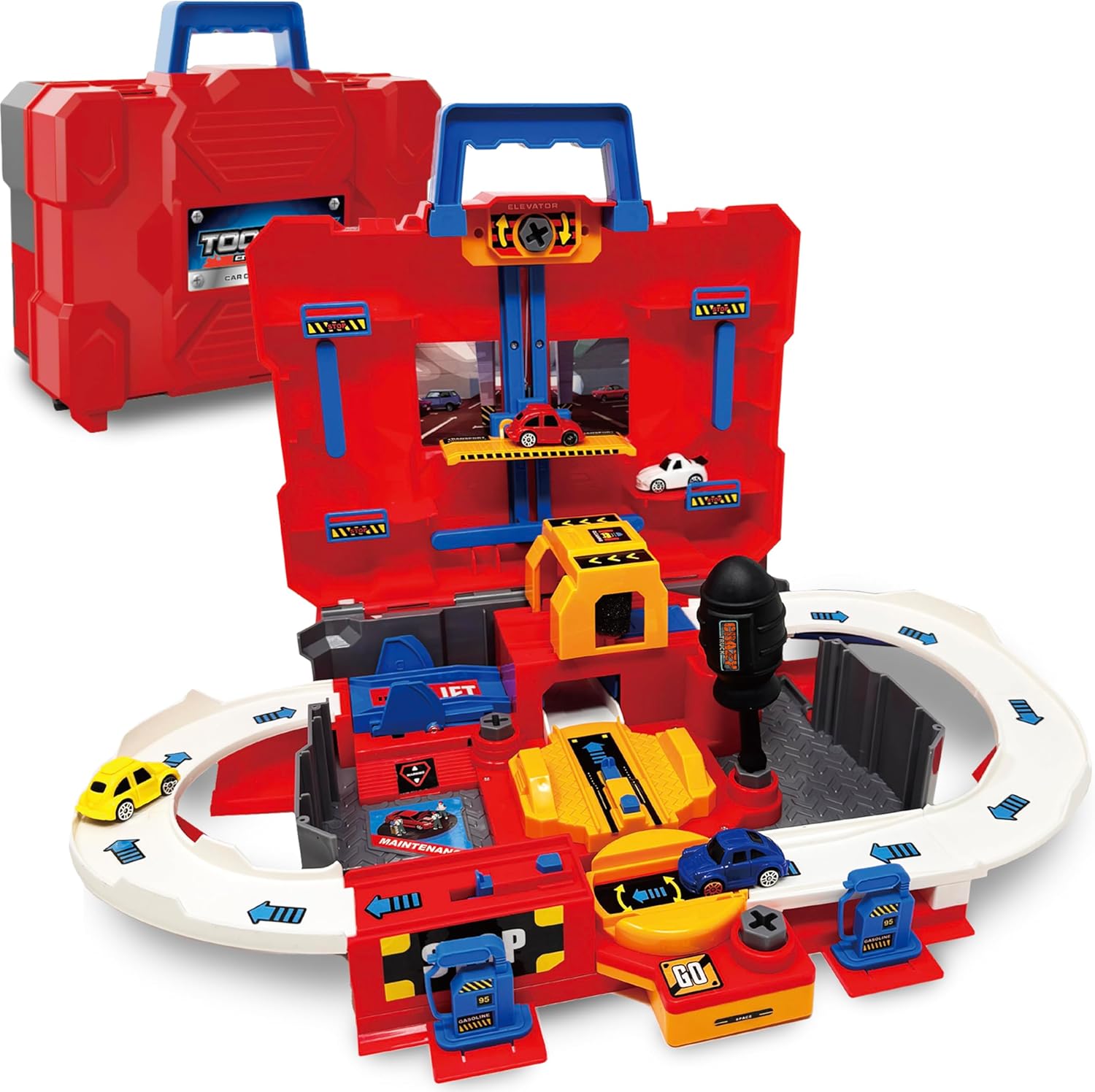 Thin Air Brands Crazy Truck 28 Piece Toolbox Garage Playset - Toddler Car Garage Playset with Track, Cars, Car Wash, Elevator, Fuel Station, Mechanic Garage, and More