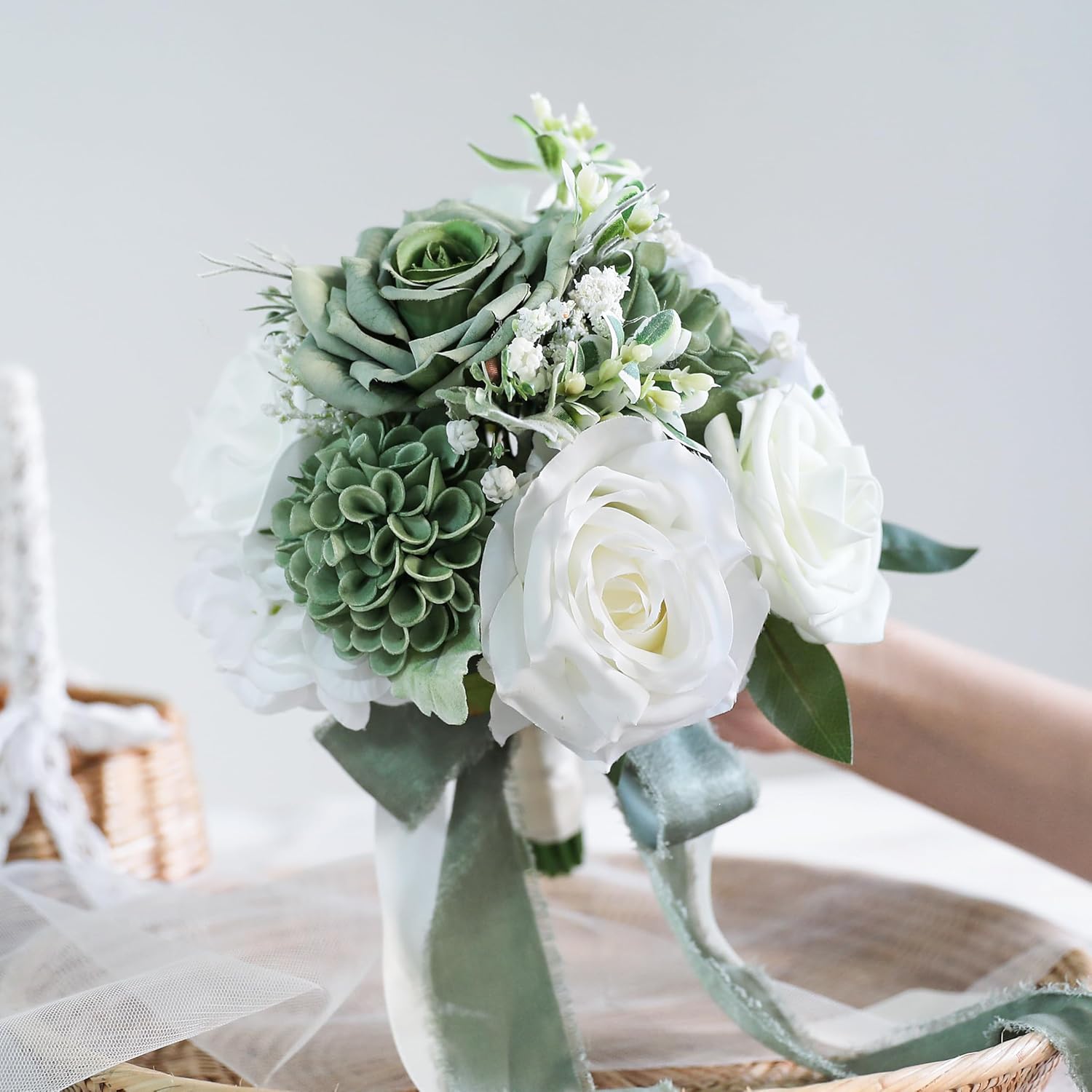 ponatia Sage Grenn Wedding Bouquets for Bride Bridesmaid, White Wedding Artificial Roses Flowers for Wedding Bouquets Ceremony, Anniversary (Sage Green & White)