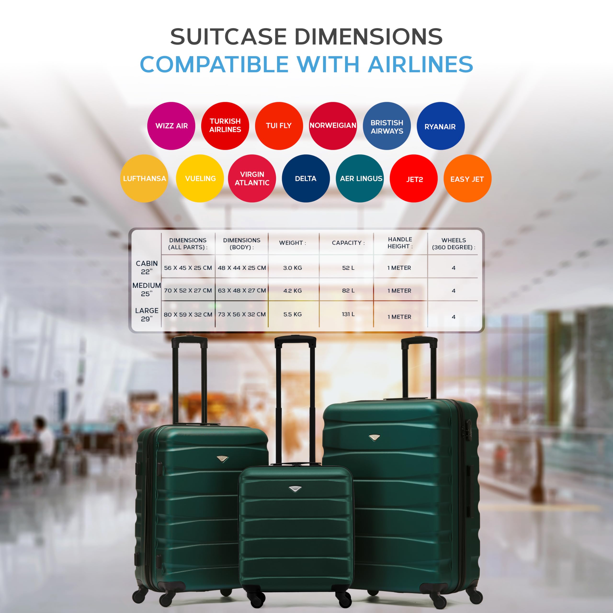 Flight Knight Suitcase Sets 3 Piece, Large Suitcase, Lightweight Extra Large Suitcase,56x45x25 EasyJet Cabin Bag, Maximum Size for Jet2, British Airways Carry On Suitcase,Hand Luggage Bag