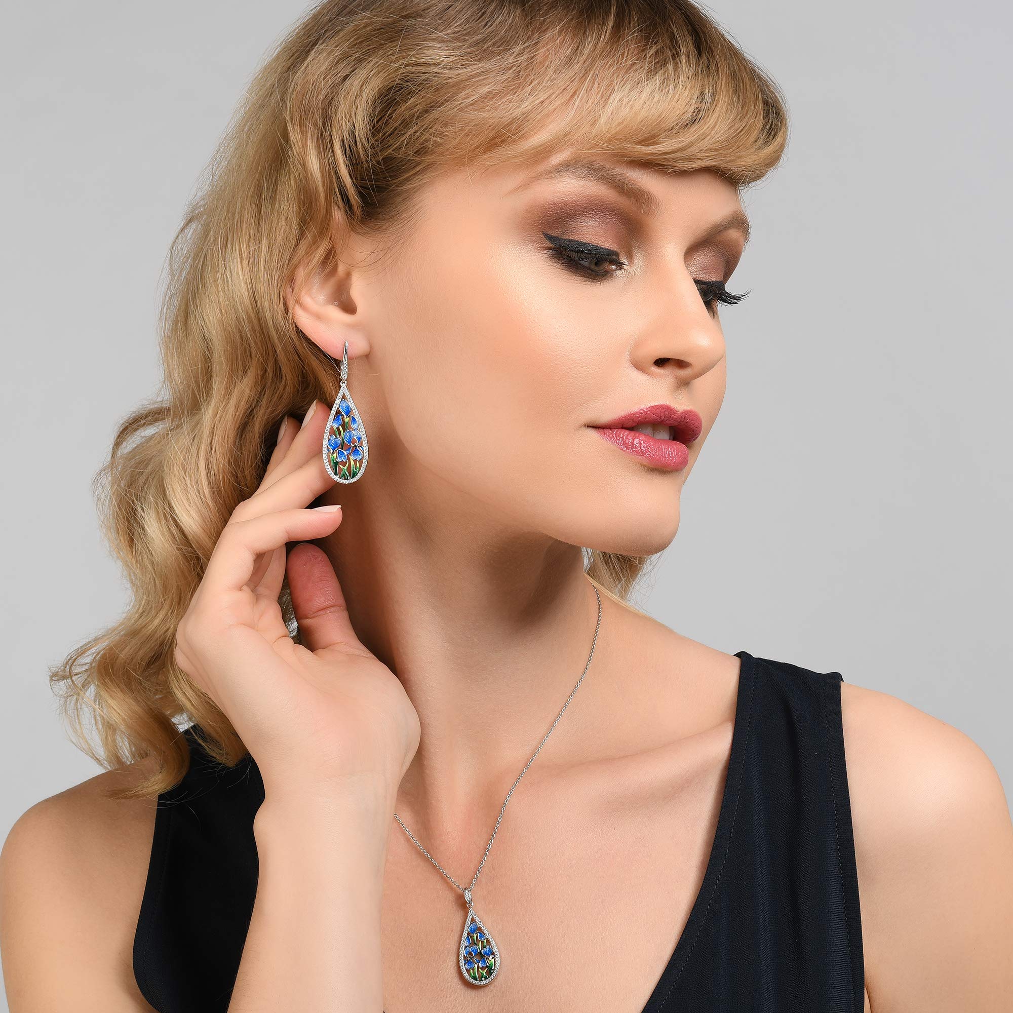 Namana Collana da donna a forma di fiore blu, in argento Sterling 925, con smalto e zirconia cubica, collana da donna in argento Sterling 925, con confezione regalo, Smalto, Zirconia cubica
